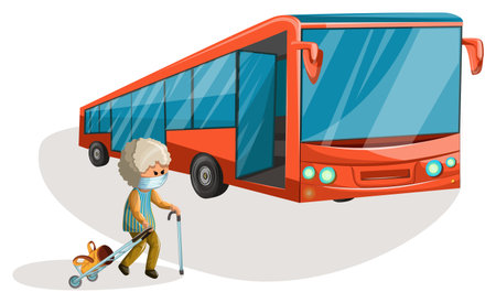 Vector image of an elderly woman in a medical mask with luggage on wheels walking towards the bus. Concept. Cartoon style.のイラスト素材