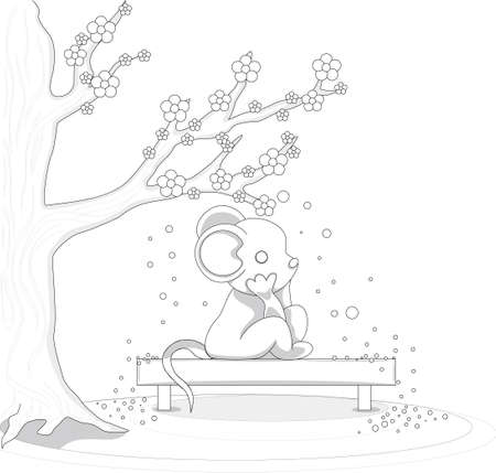 Vector image of a mouse sitting under a flowering tree on a benchのイラスト素材