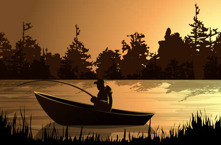 Vector image of a fisherman on a boat in the background of the forest.のイラスト素材