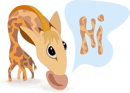 Vector image of a giraffe in an awkward pose, greeting with a word located next to it in a cloud and having the color of a giraffeのイラスト素材