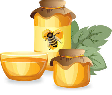 Vector image of honey in various containers. Appetizing fresh amber honeyのイラスト素材
