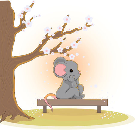 Vector image of a mouse sitting under a flowering tree on a benchのイラスト素材