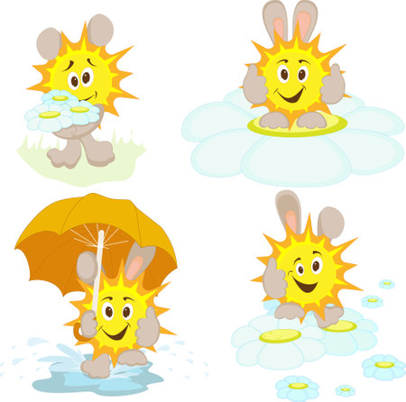 Vector image of a sunbeam with daisies and umbrellaのイラスト素材