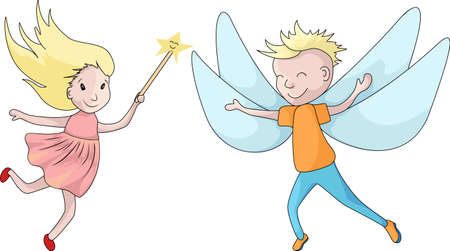 Vector image of a boy with wings and a girl who can fly with a magic wandのイラスト素材