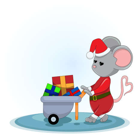 Vector image of a mouse. Series of illustrations. December. A mouse in a Santa Claus costume carries gifts in a cartのイラスト素材