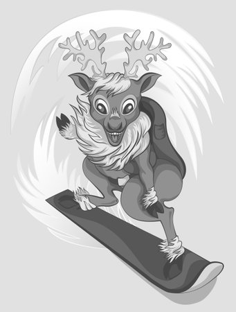 vector illustration of a reindeer that rides on the mountain slopes on a snowboardのイラスト素材