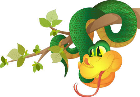 Vector image of a green snake hanging on a tree branch made in cartoon style, but having a volume.のイラスト素材