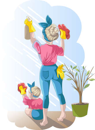 A housewife with a child at work. Mom and baby wash the glass. Concept. Life of a woman after the birth of a babyのイラスト素材