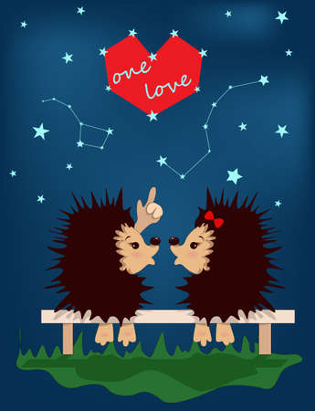vector image of hedgehogs in love under the starry skyのイラスト素材