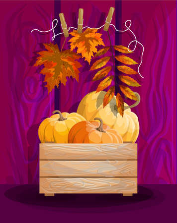 Vector image of autumn leaves and a harvest of pumpkins in a box. Cartoon style. EPS 10のイラスト素材