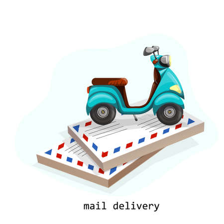 Vector image of several stacks of envelopes and a scooter standing on them with context. Concept. CARTOON STYLE. Delivery of letters. EPS 10のイラスト素材