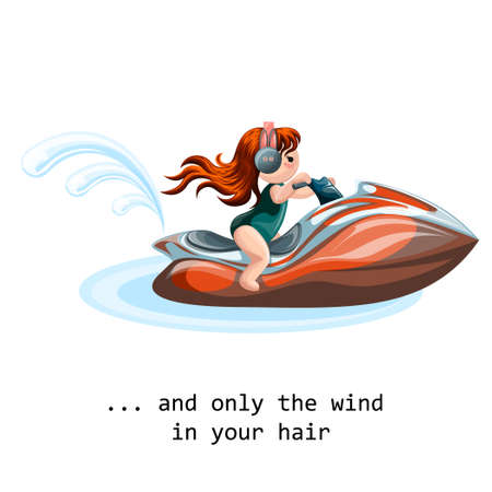 Vector image of a stylized little man rolling on a jet ski. Red-haired girl in a swimsuit. Concept. EPS 10のイラスト素材