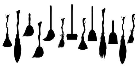 Vector image of a set of black silhouettes of brooms in simple style isolated on white background. EPS 10のイラスト素材