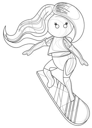 Vector image of a stylized image of a girl on a surfboard. Outline style. Isolated over white background. EPS 10のイラスト素材