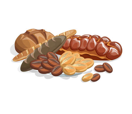 Vector image of white bread and other flour products compiled into a ready-made composition. Muzltfilm style. Isolated on a white background. EPS 10のイラスト素材