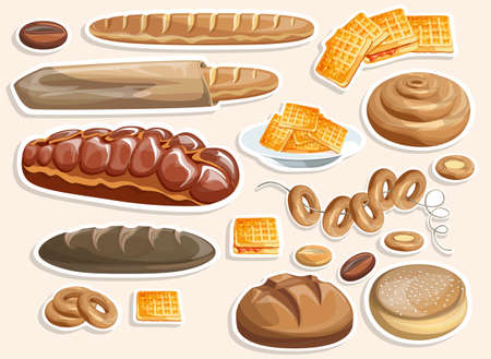 Vector image of stickers of white bread and other flour products. Cartoon style. Isolated on a white background. EPS 10のイラスト素材