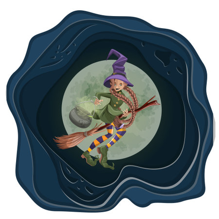 Vector image of a young witch with a broom.Halloween. cartoon style. Imitation of paper technology.のイラスト素材