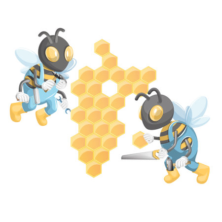 Vector image of bees in construction uniform with tools that build a house. cartoon style. isolated on white background. EPS 10のイラスト素材
