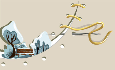 Vector background image of two stitched pieces between which a winter landscape is visible. The concept of the outgoing winter.のイラスト素材