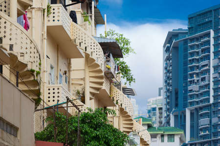building with a spiral staircase in the historical quarter of Singaporeのeditorial素材