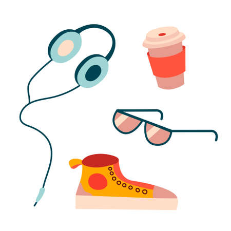 Vector illustration set with headphones, sneakers, a cup of coffee and glasses in a flat styleのイラスト素材