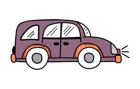 Vector cute purple car in doodle style on a white background, childrens illustrationのイラスト素材