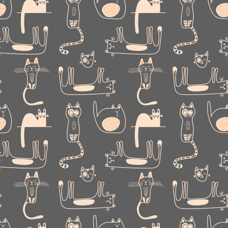Vector seamless pattern with cute doodle-style cats in monochrome on a gray background.のイラスト素材