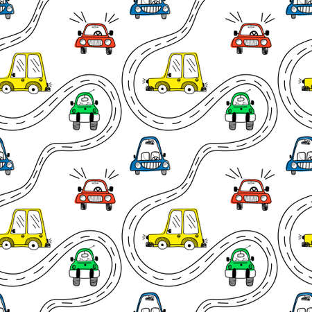 Vector seamless pattern with colorful cute cars on a doodle-style white background.のイラスト素材