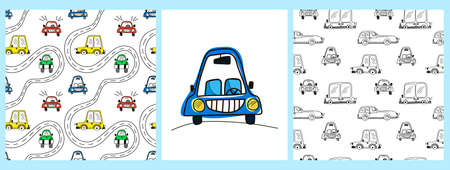 A set of vector patterns and a poster with colorful cute cars on a doodle-style white background.のイラスト素材