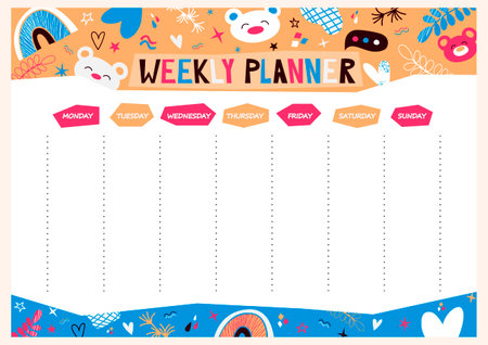 Vector Weekly planner with cute bears, rainbow, stars in cartoon style. Kids schedule design templateのイラスト素材