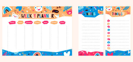 Vector Weekly planner with cute bears, rainbow, stars in cartoon style. Kids schedule design template with To-do list and notes.のイラスト素材