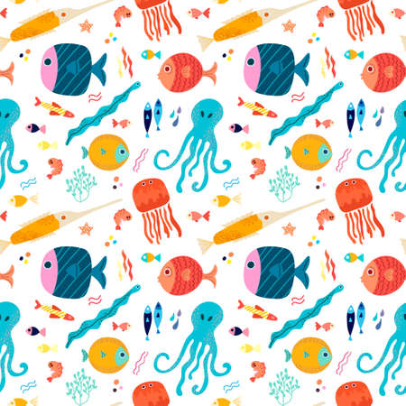 Seamless vector pattern with colorful tropical sea fish and octopus in a Scandinavian style on a white background.のイラスト素材