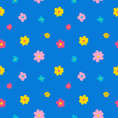 Vector seamless pattern with cute bright cartoon doodle-style flowers on a blue background.のイラスト素材