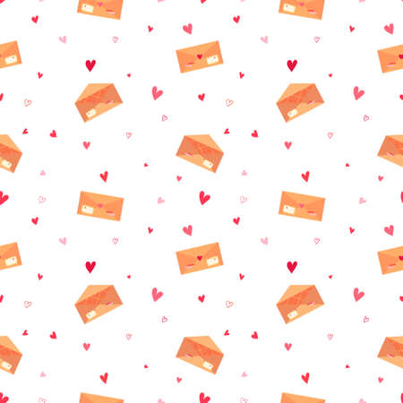 Vector romantic pattern with a love letter, envelope with stamps and hearts on a white background.のイラスト素材