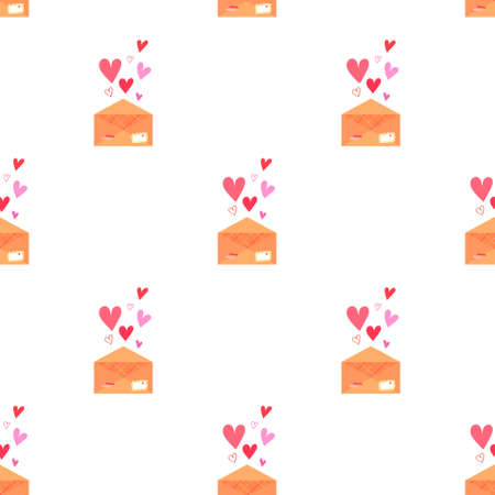 Vector romantic pattern with a love letter, envelope with stamps and hearts on a white background.のイラスト素材