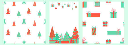 Vector Christmas pattern set with gifts and fir trees in red and green colors, white background.