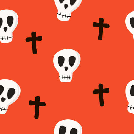 Seamless vector pattern with skulls and crosses on a orange background.のイラスト素材