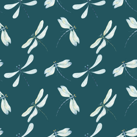 Watercolor pattern with fluttering dragonflies on a dark background, a dragonfly insect.の写真素材