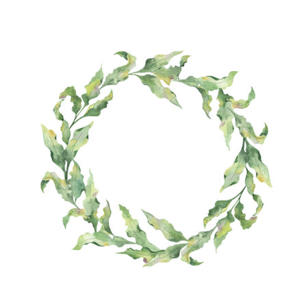 Watercolor round frame with realistic green twigs of leaves on a white background.の写真素材