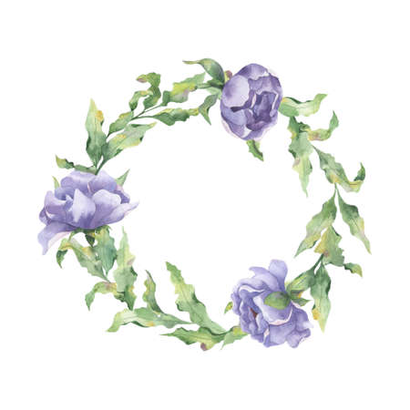 Watercolor round frame with realistic green twigs of leaves and peony flowers on a white background.の写真素材