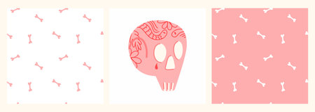 Vector set of patterns and posters for Halloween with a pink skull and a tattoo, white backgroundのイラスト素材