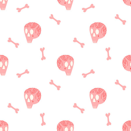 Vector pattern for Halloween with pink skulls, tattoos and pink bones on a white background.のイラスト素材