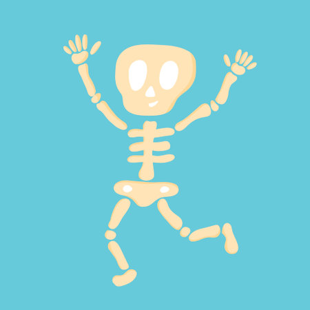 Vector illustration for Halloween with a funny jumping skeleton on a blue background.