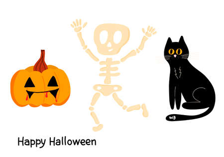 Vector set for Halloween with a black cat, a pumpkin and a funny skeleton on a white backgroundのイラスト素材