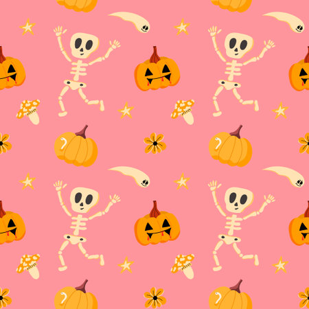 Vector pattern with a funny skeleton, pumpkins and ghosts, in a flat style on a pink background.のイラスト素材
