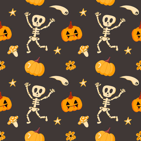 Vector pattern with a funny skeleton, pumpkins and ghosts, in a flat style on a gray background.のイラスト素材
