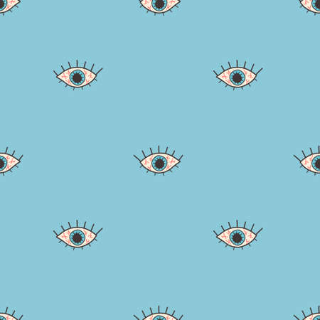 Vector pattern with an open red eye in a flat style on a blue background.のイラスト素材