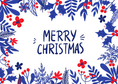 Vector Christmas template for greeting cards and invitations with Holly twigs in a flat styleのイラスト素材