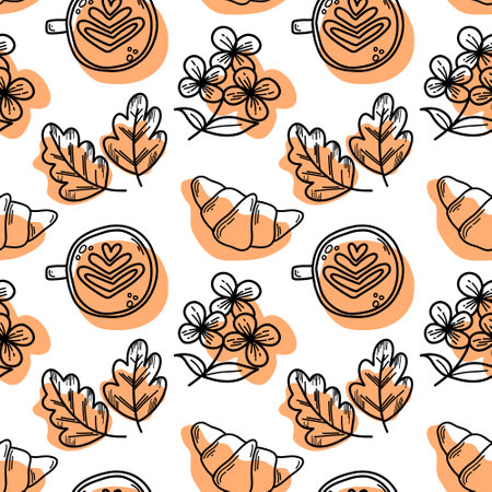 Vector pattern with croissants and cappuccino, chrysanthemum flowers in doodle style.のイラスト素材