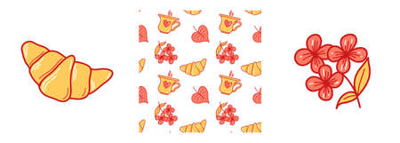 Vector set of elements with a croissant, a bun, a cup of coffee, a turk, cupcake in a doodle style.のイラスト素材